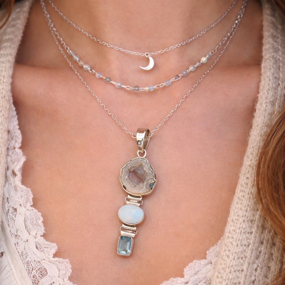 Sterling Silver Druzy Agate Opal Aquamarine Pendant 2.4” OOAK